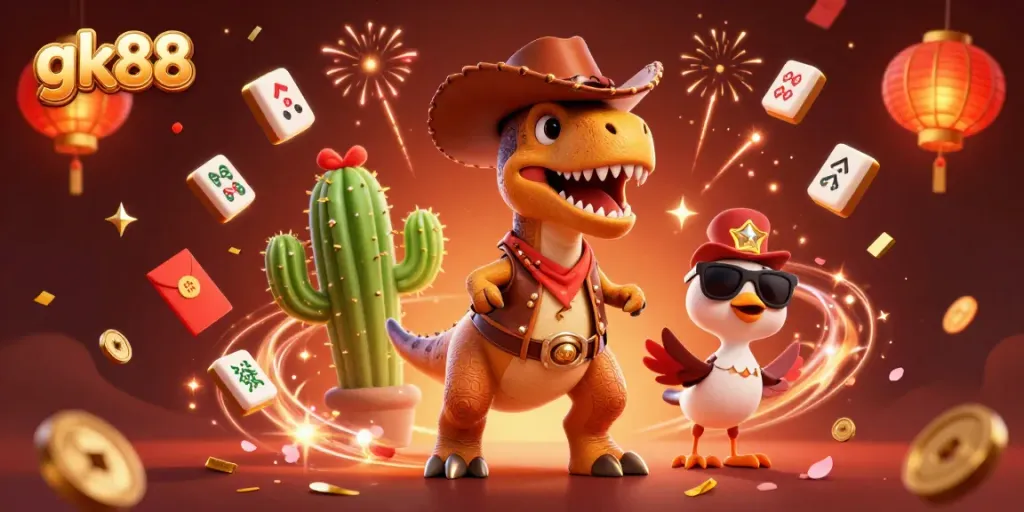 Engage with gk88's vibrant casino world featuring a cowboy dinosaur, cactus, and roadrunner in a festive setting.