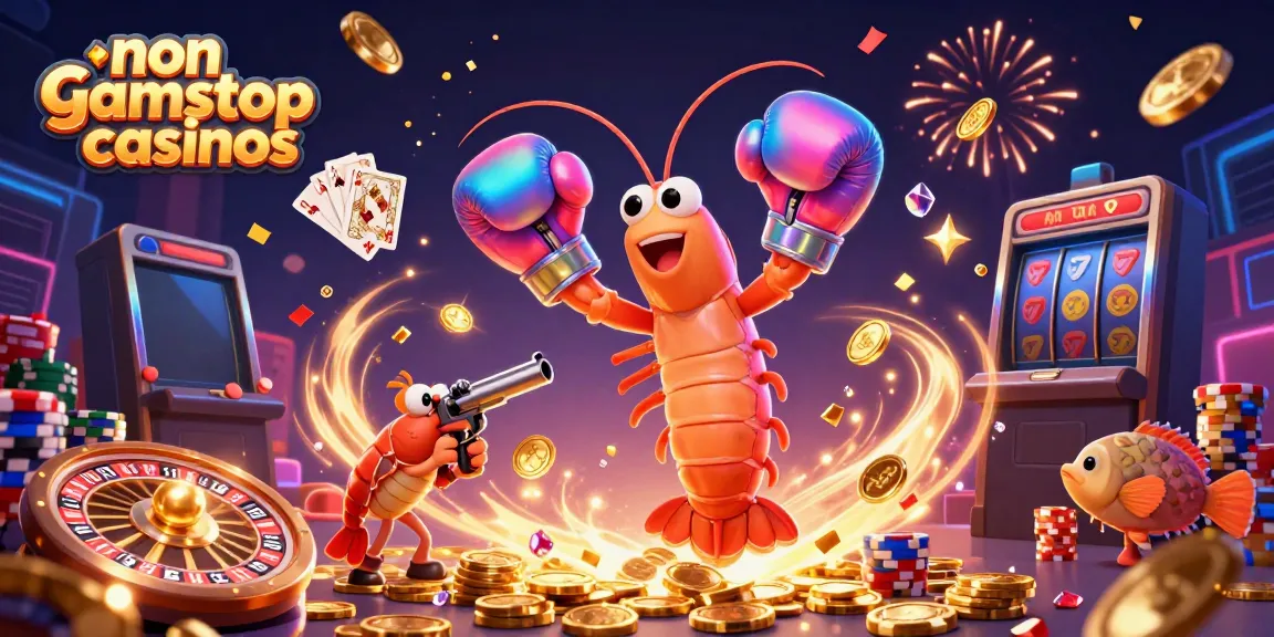 Engaging scene of non gamstop casinos featuring cartoon mantis and shrimp celebrating with casino elements.