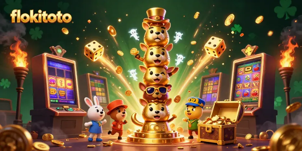 Experience the vibrant energy of flokitoto with a dynamic casino scene featuring a golden totem and jackpot excitement.