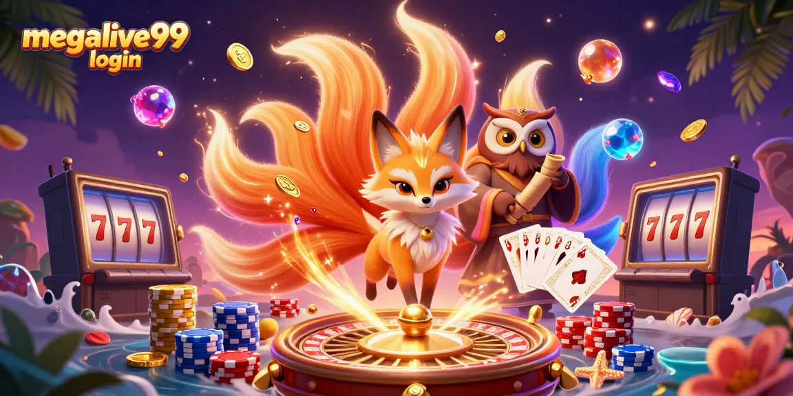 Login megalive99 dengan simbol keberuntungan dan karakter penuh warna.