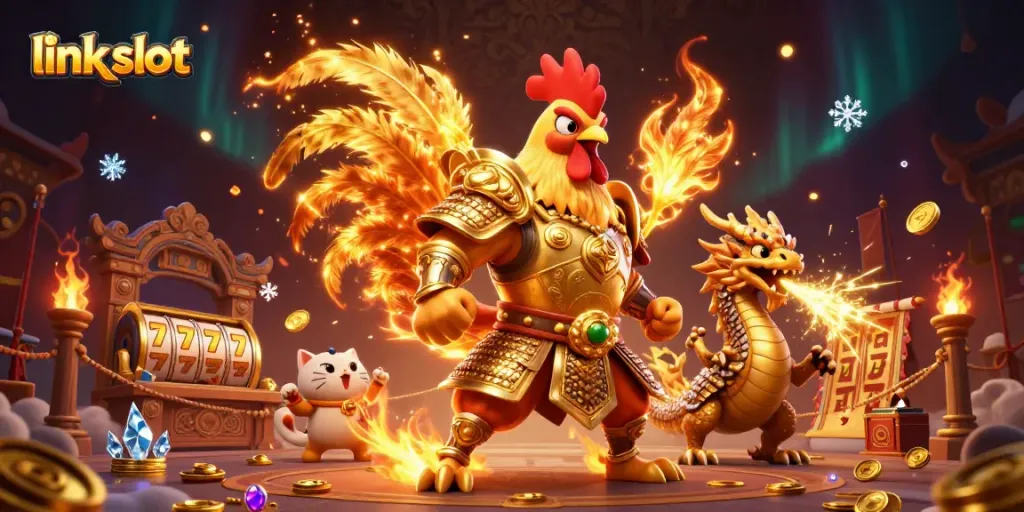 Spin the exciting link slot featuring a dynamic rooster warrior and dragon hatchling with vibrant casino elements.