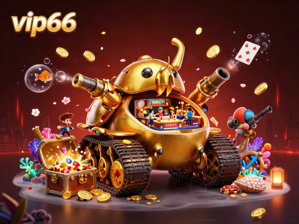 Experience the thrill of vip66 with a dynamic casino-themed scene featuring a golden beetle tank and treasure elements.