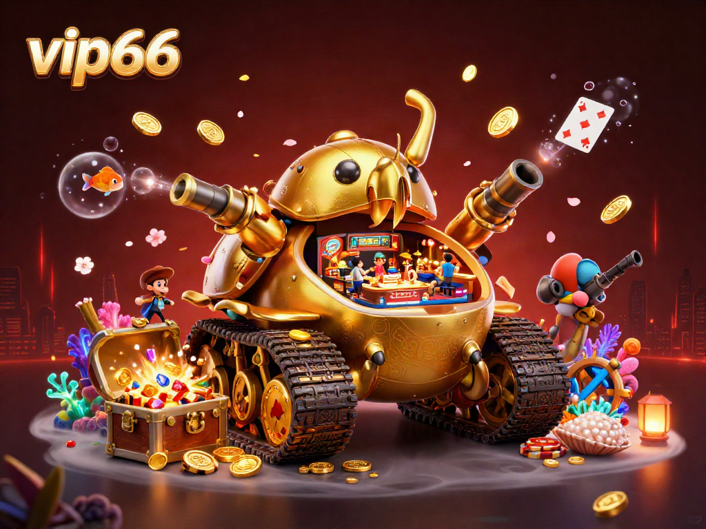 Experience the thrill of vip66 with a dynamic casino-themed scene featuring a golden beetle tank and treasure elements.