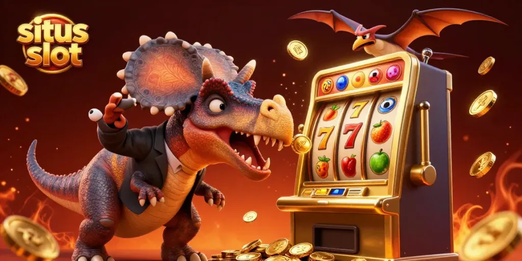Situs slot illustration of dinosaurs creating a jackpot scene with vibrant casino elements.
