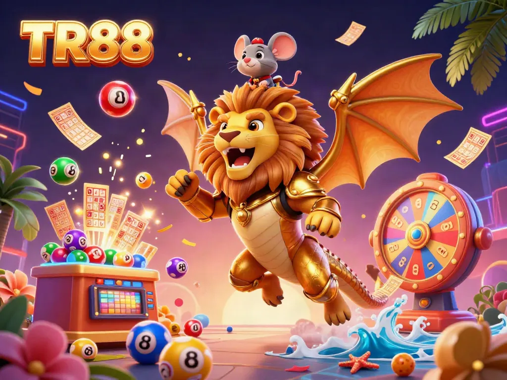 Engaging scene of TR88 with a chimera creature and dynamic casino elements showcasing the thrill of gaming.