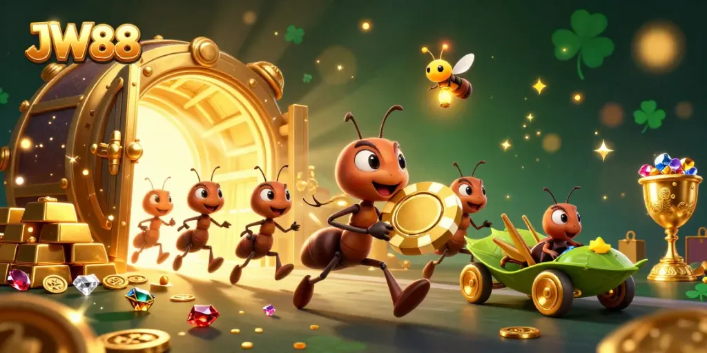 Experience JW88 excitement as ants pull off a heist with a giant poker chip amidst dynamic casino treasures.
