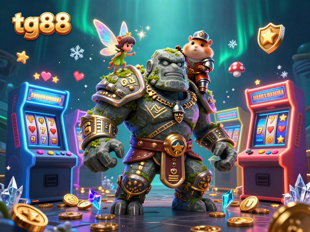 Experience the thrills of tg88 with a vivid 3D illustration featuring a magical golem, fairy, and hamster knight in a lively gaming setting.