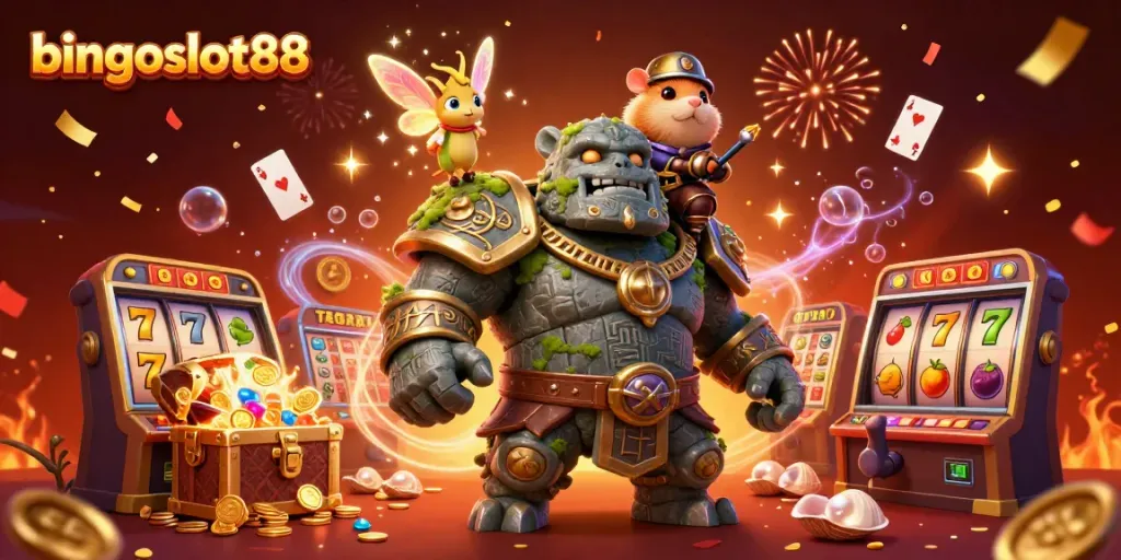 Bergabunglah dengan bingoslot88 untuk merasakan keajaiban slot dengan golem dan peri, diatur dalam latar belakang kasino yang ceria.