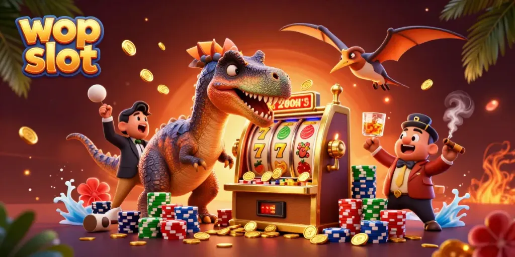 Permainan slot wop slot dengan dinosaurus dan mesin slot yang menghasilkan koin jackpot.