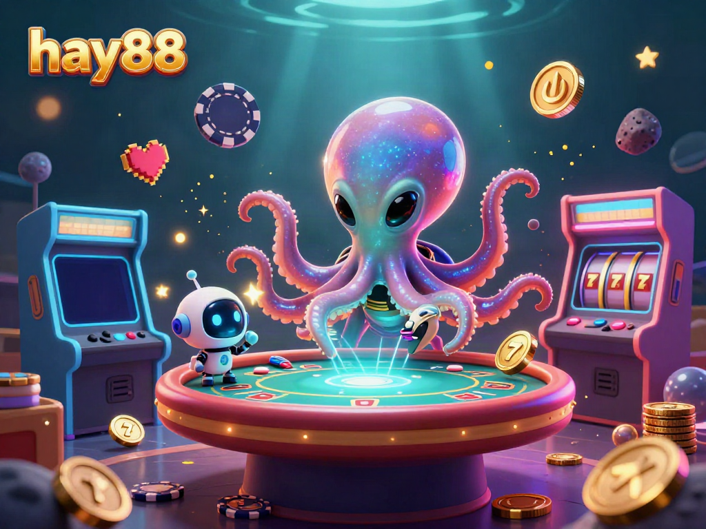 Experience hay88's dynamic gameplay with an alien octopus at a holographic poker table.