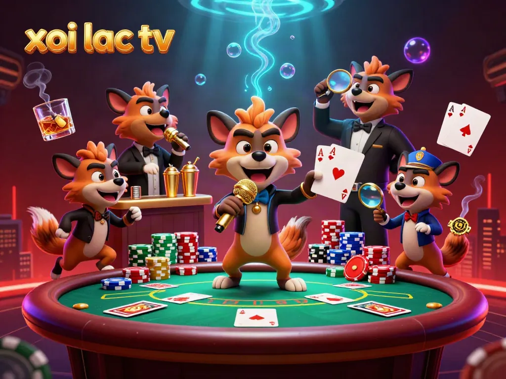 Experience excitement at xoi lac tv with a lively comedy casino scene featuring hyenas and poker elements.