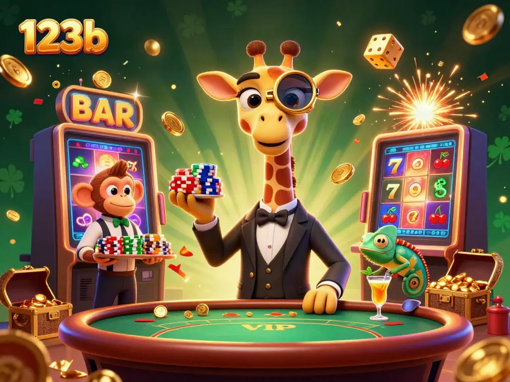 Engage in thrilling casino action at 123b with vibrant characters, jackpots, and immersive gaming visuals.