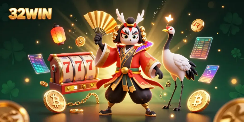 Engage with 32WIN’s vibrant casino scene featuring kabuki warrior cranes and neon crypto elements.