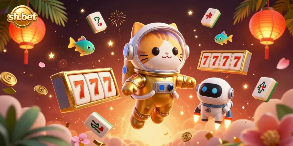 Experience the excitement of sh-bet with our dynamic 3D space scene showcasing slots and astronaut characters.