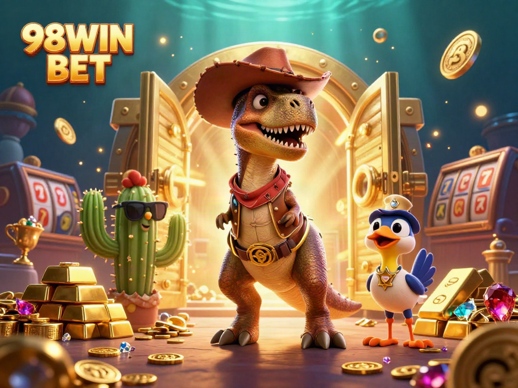 Engage with the thrilling 98WIN BET casino scene, featuring a T-Rex cowboy and exciting treasure elements.