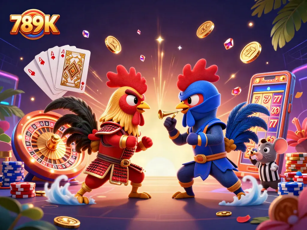 Engage in the thrilling world of 789 K with dynamic roosters in combat amidst cascading casino treasures.
