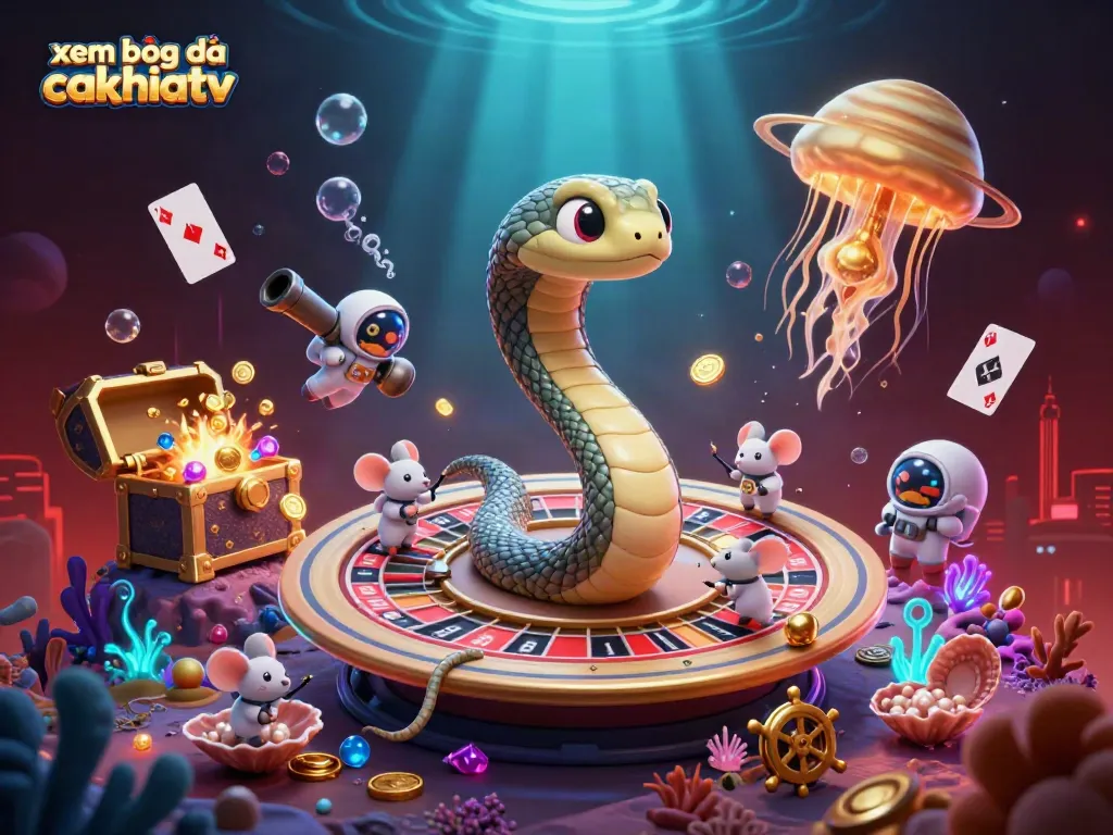 Engaging scene depicting xem bóng đá cakhiatv with space-themed casino elements, featuring characters betting on roulette rings.