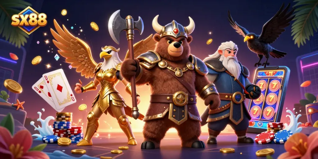 Experience the excitement of sx88 casino gaming with vibrant characters and rich 3D elements.